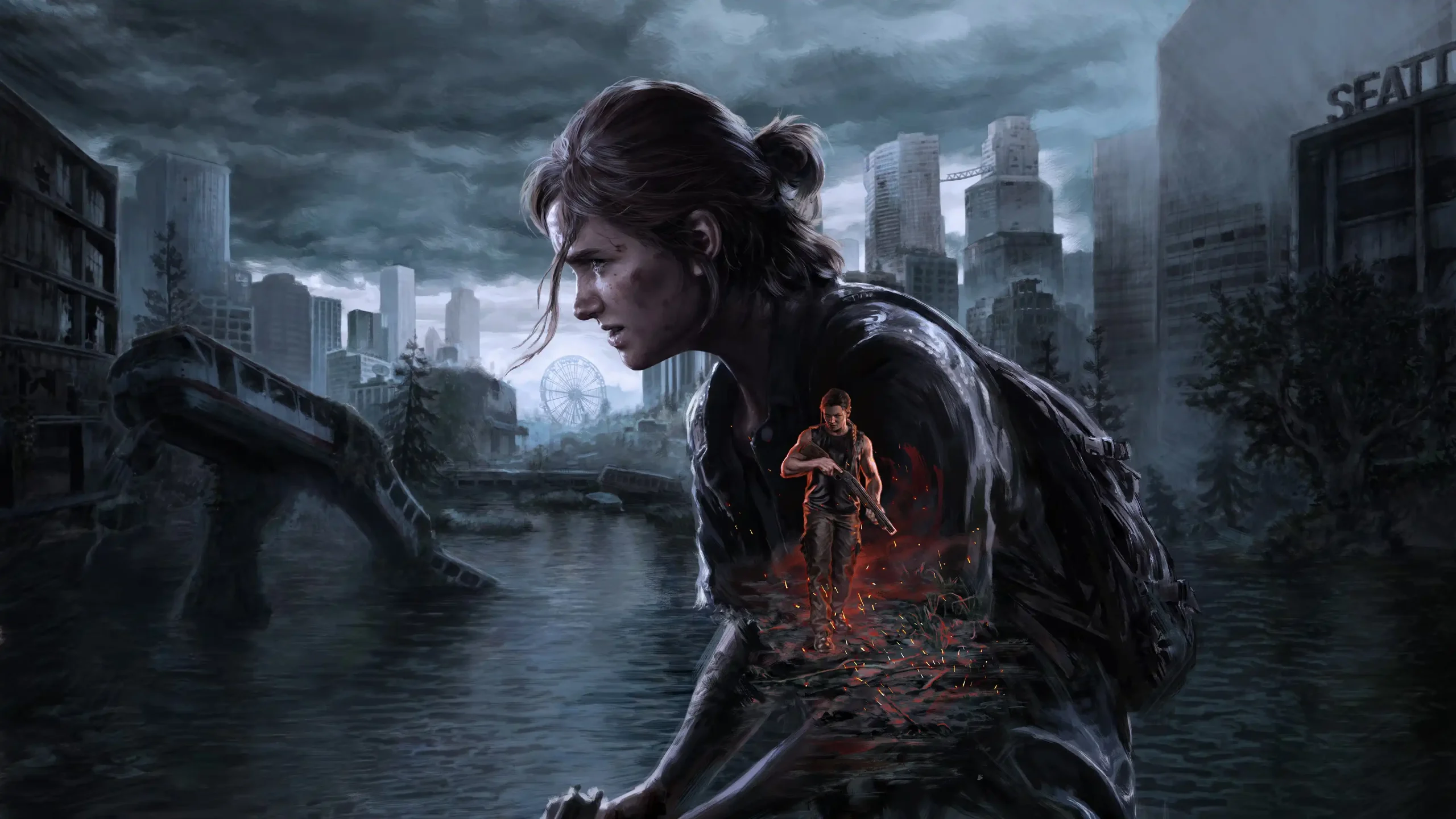 Ellie in a tense, rain-soaked confrontation in Seattle from The Last of Us Part II Remastered