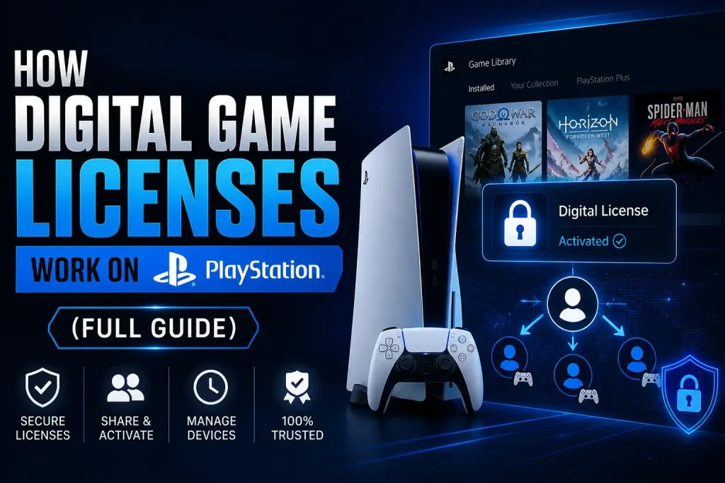 How digital game licenses work on PlayStation: infographic showing console activation and account sharing flow.