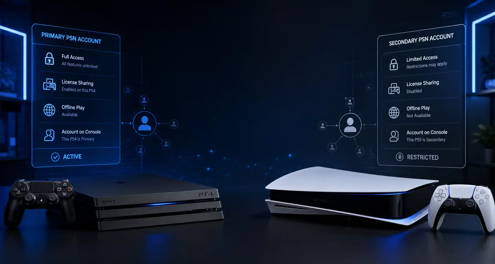 Comparison of Primary and Secondary PSN accounts on PS4 and PS5, showing game sharing, license access, and offline play