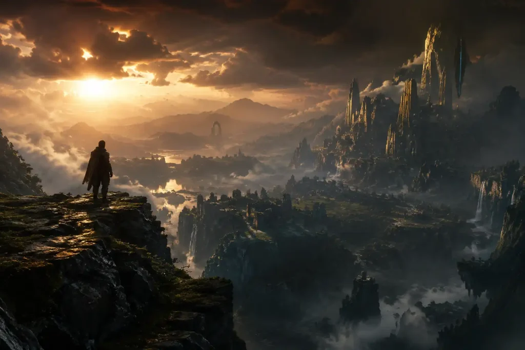A cinematic wide shot of a lone traveler exploring an atmospheric, epic game world, representing the best story-driven and narrative-heavy PS5 games that feel like movies.