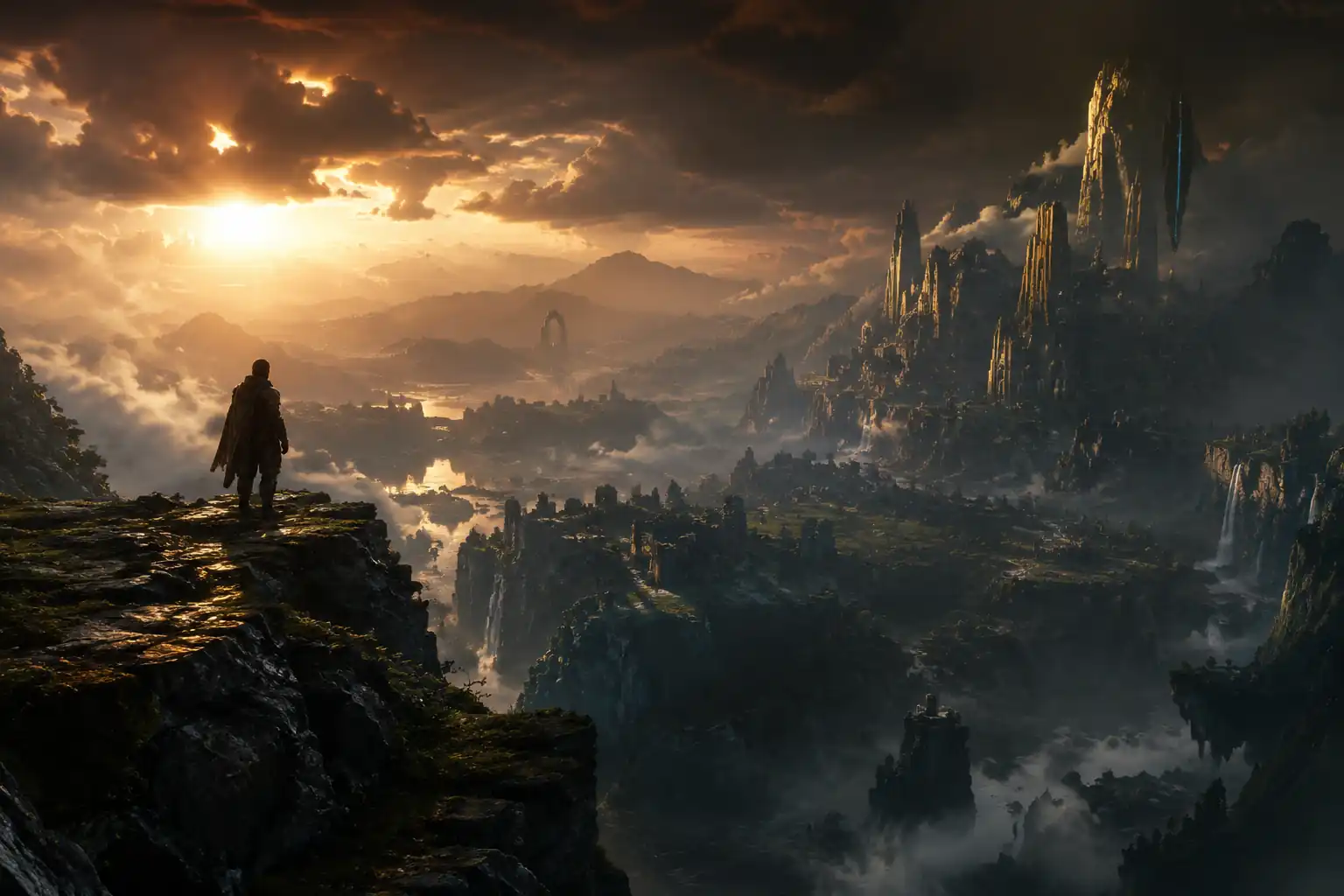 A cinematic wide shot of a lone traveler exploring an atmospheric, epic game world, representing the best story-driven and narrative-heavy PS5 games that feel like movies.
