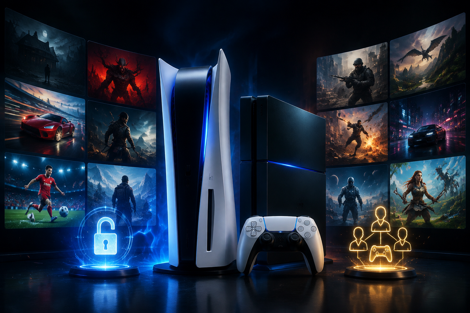 PS5 and PS4 consoles with a digital game library, access icons, and gaming screens representing full access accounts for popular games in 2026