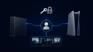 Minimalist concept art of digital game license ecosystem for PlayStation console generations.

