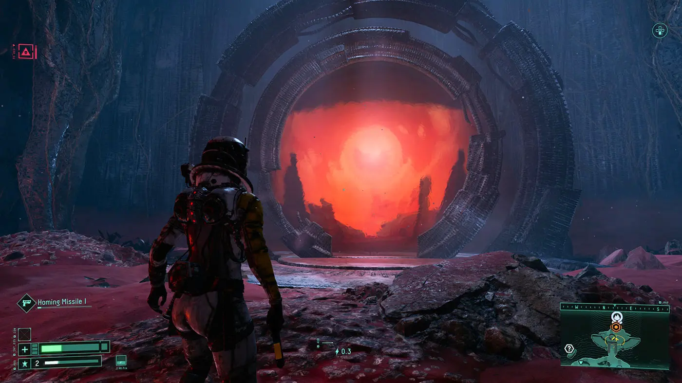 Selene battling alien creatures in the mysterious, dark sci-fi world of Returnal on PS5