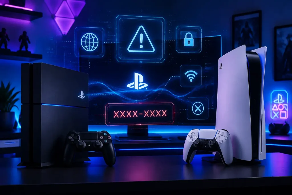 A modern gaming desk setup with PS4 and PS5-inspired consoles, glowing blue and purple neon lights, and floating PlayStation error code symbols on a dark tech background.