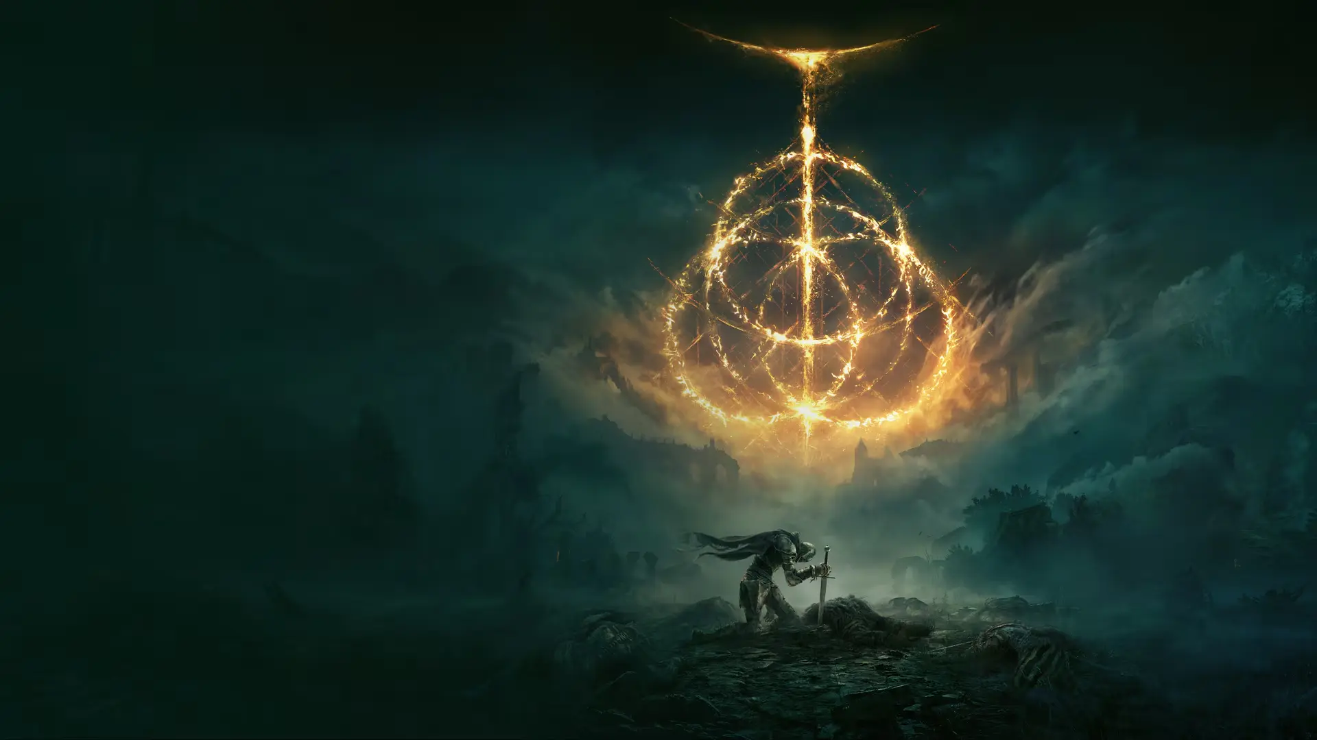 The Tarnished character standing before the Erdtree in the open world of Elden Ring on PS5