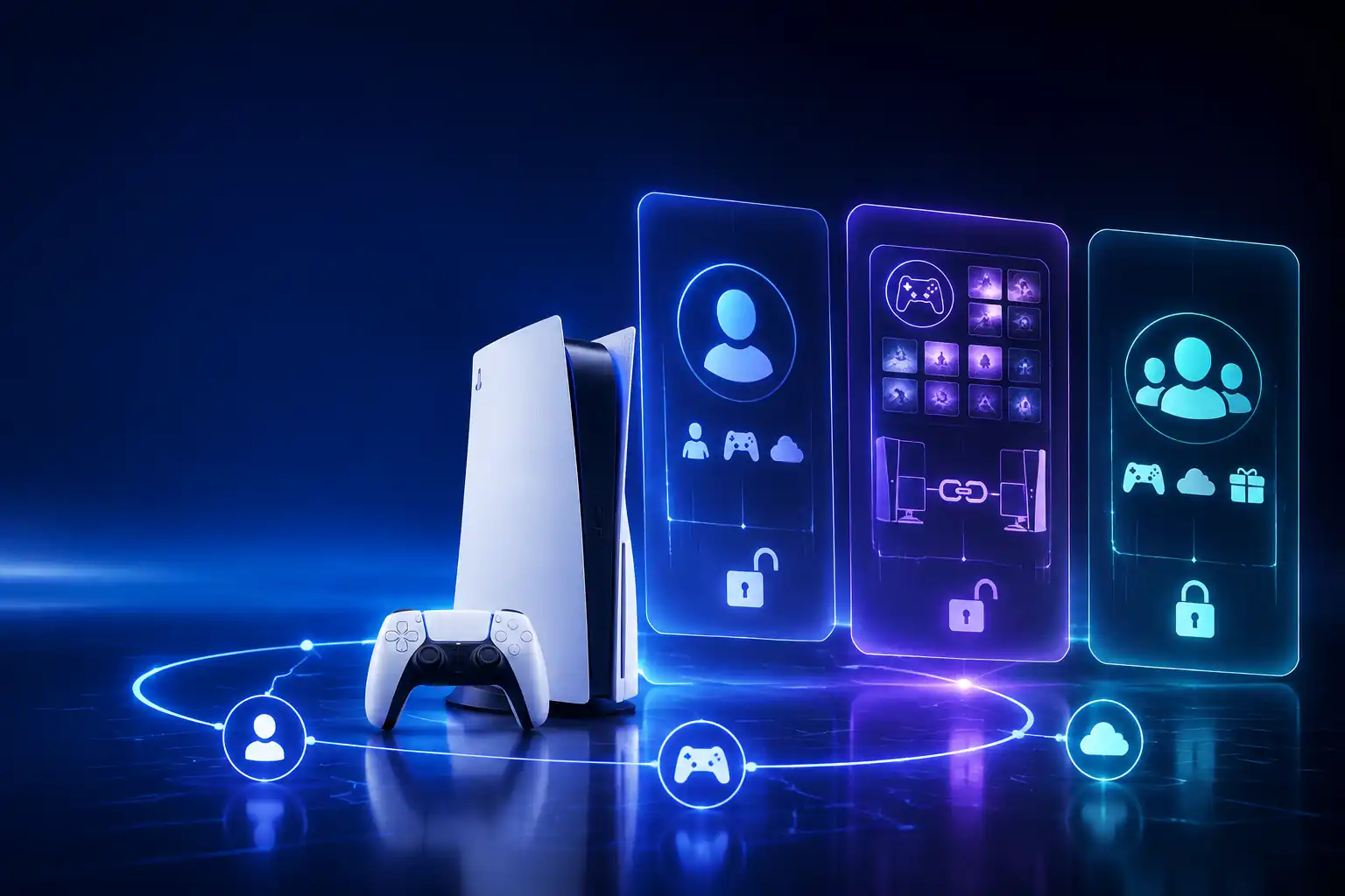 PS5 console with a lock icon representing the deactivation of Primary PSN account status and the effect on game licenses and offline access