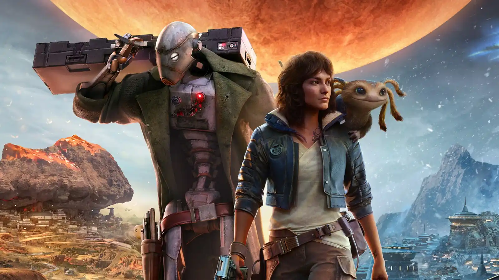  Scoundrel Kay Vess riding a speeder bike across a dusty galactic underworld planet with speeders and alien cities in Star Wars Outlaws.