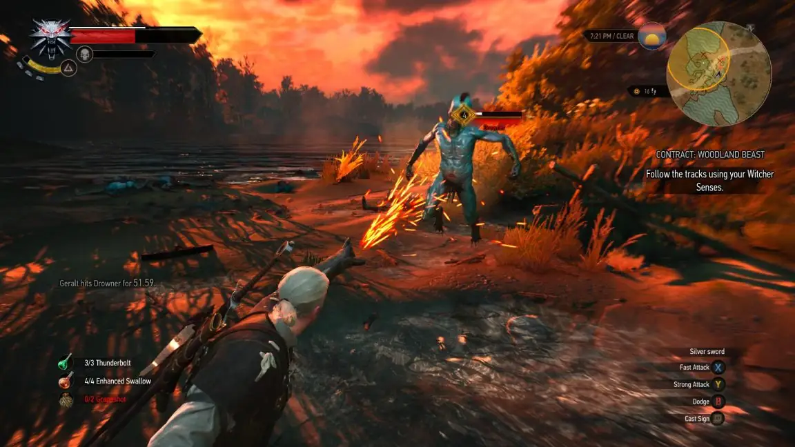 eralt of Rivia on horseback riding through the windy wilderness and war-torn villages of Velen in The Witcher 3.