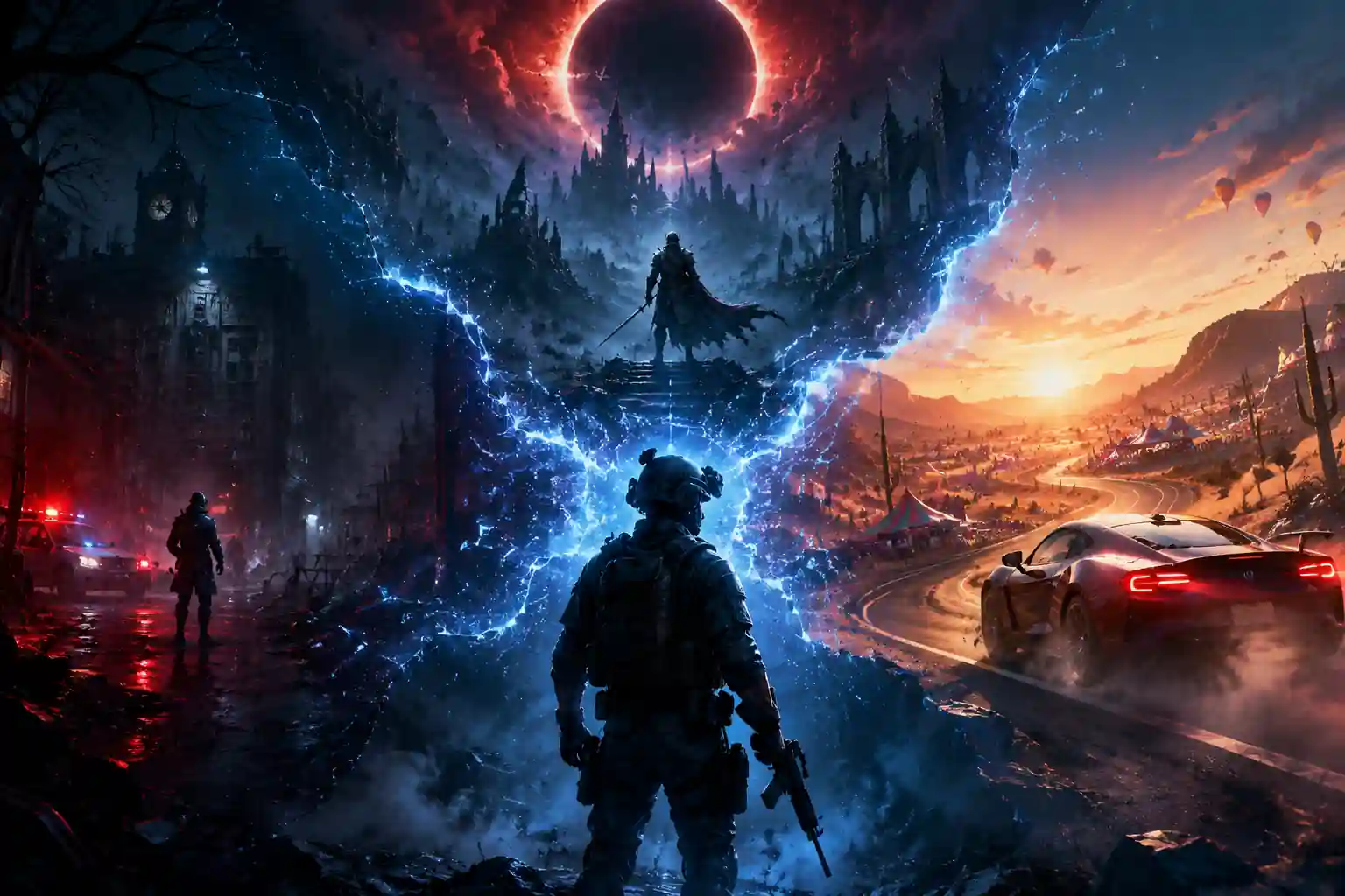 Cinematic gaming artwork combining survival horror, dark fantasy, open-world racing, and modern military action themes 