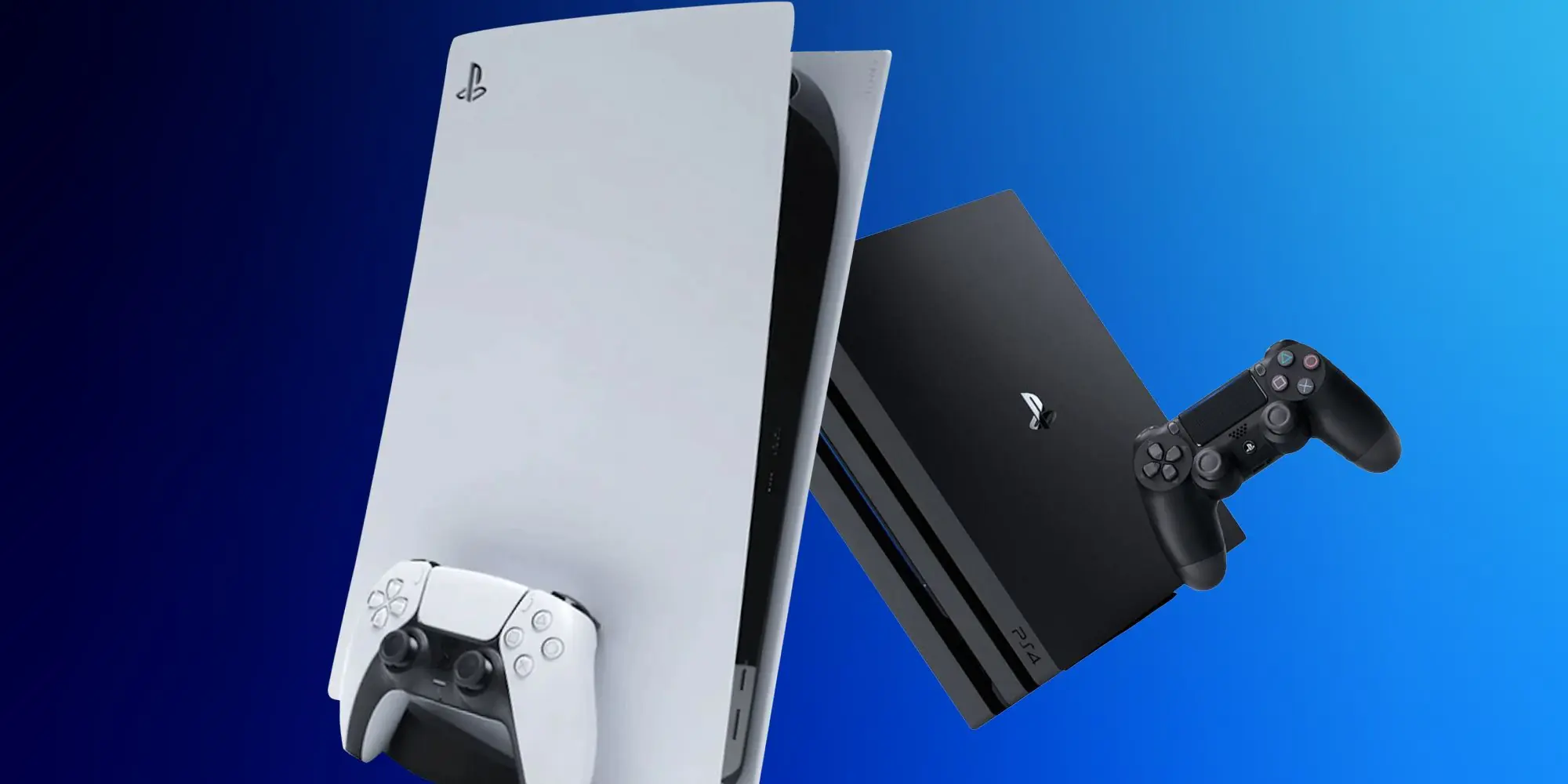 “Conceptual illustration of cross-console game sharing featuring PlayStation 4 and PlayStation 5 consoles with digital data transfer effects.”